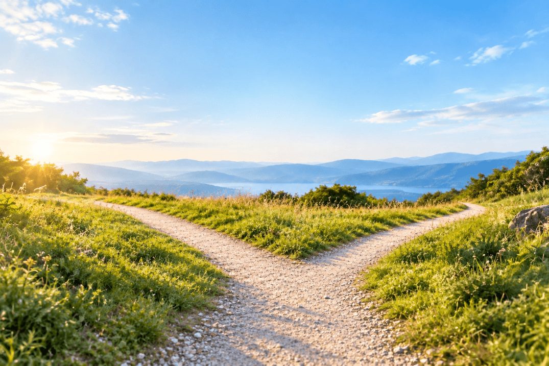A footpath branching into three directions at a gentle fork in a bright landscape, standing for the different places a learning journey can begin
